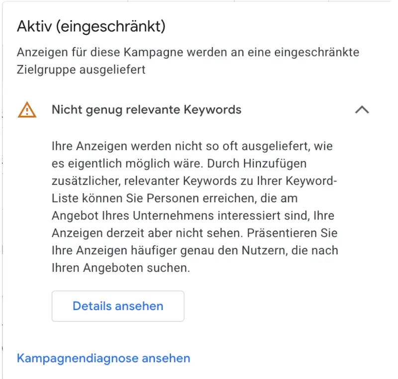Nicht genug relevante Keywords Google Ads